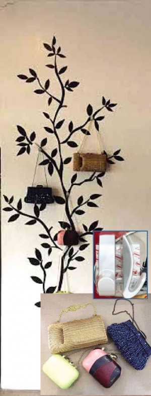 DECORATE the wall using your bag collection, decals and, inset, stick-on hooks.