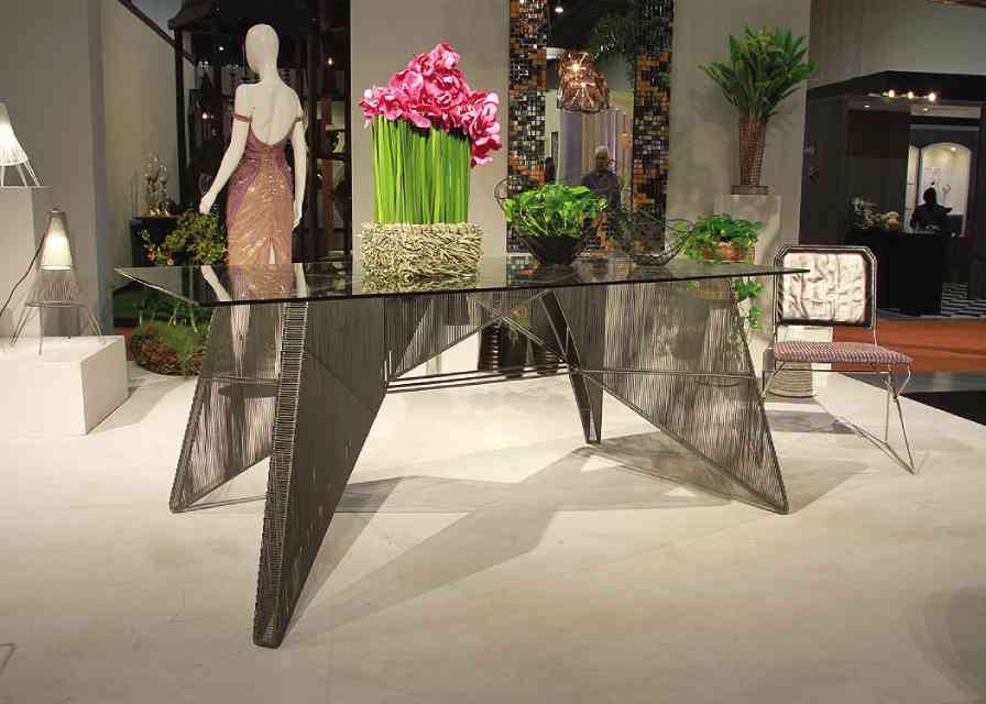WIRE, steel and glass table with intersecting triangles designed by Celia Jao