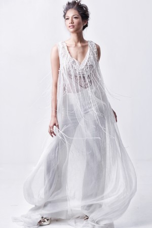 PEARL-EMBELLISHED sheer tent dress with beaded fringes over silk crepe trousers
