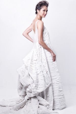 DRESS with a very low back made of layered bias strips of silk chiffon