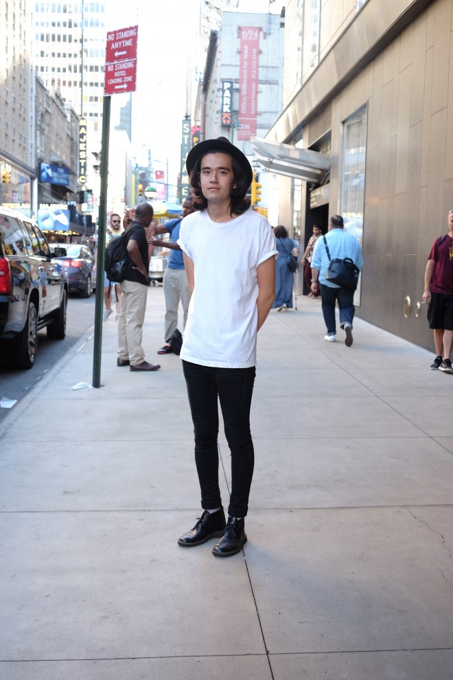 “A TOPMAN hat and Clarks boots put some edge to a monochromatic outfit.”
