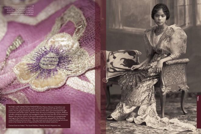 THE VINTAGE sepia images are interspersed with colored photos, like the details of the fabrics or embroidery and designs, to remind readers that those “terno” were in full color. Jo Ann Bitagcol was the book’s photographer, with styling by Michael Salientes.