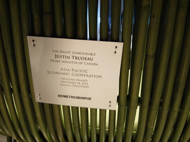 Plaque of chair used by Canadian Prime Minister Justin Trudeau.