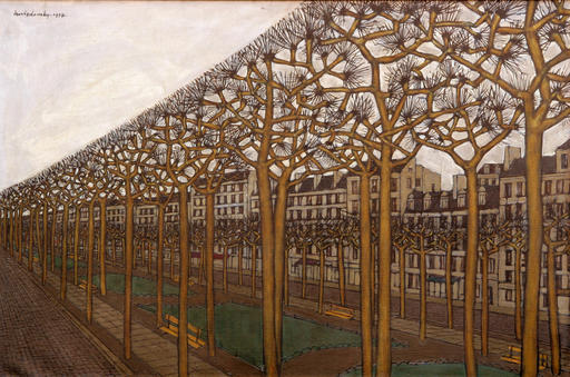 This picture provided by the Ukrainian Museum shows "Avenue Breteuil," a painting by Ukrainian-American artist Jacques Hnizdovsky. It is being shown in an exhibition in New York at the Ukrainian Museum covering the breadth of Hnizdovsky's creative output, from 1944 until his death in 1985. It runs through Aug. 7. (Ukrainian Museum/Reproduced with authorization from the Hnizdovsky estate via AP)