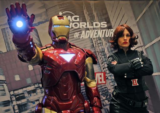 Marvel heroes, Iron Man and Black Widow pose at the IMG Worlds of Adventure press conference in Dubai, United Arab Emirates, Sunday, April 24, 2016. Dubai will soon have a one-stop destination for families whose tastes run from Spider-Man to velociraptors to the Powerpuff Girls. Local developer Ilyas and Mustafa Galadari Group said Sunday that a new 1.5 million square-foot (139,355 square meter) indoor amusement park it is building on the city's desert outskirts will open on August 15. AP
