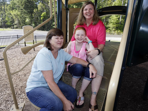 In this April 9, 2016 photo, Jan Smith, left, and her partner Donna Phillips sit with their 9-year-old daughter Hannah in a playground outside their church in Brandon, Miss. This same sex couple, who have been together over 20 years, often attend the same services as does Mississippi's Republican Gov. Phil Bryant, who recently signed House Bill 1523, legislation that will allow government workers, religious groups and some private businesses to cite deeply held religious beliefs to deny services to lesbian, gay, bisexual and transgendered people. (AP Photo/Rogelio V. Solis)
