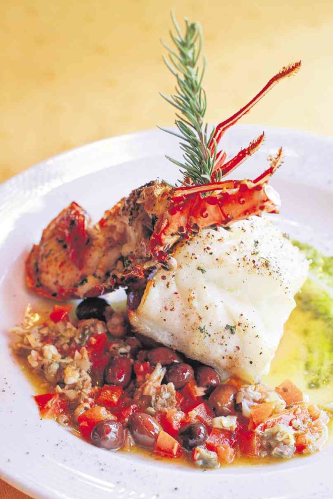 Pan-Grilled Sea Bass with Fresh Lobster