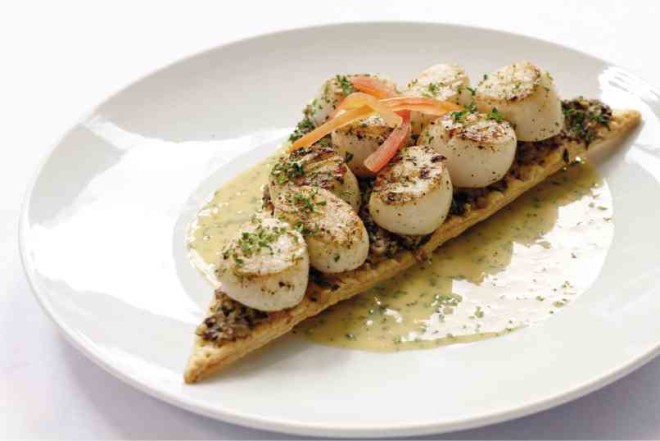 Grilled Scallops with Mushroom Duxelle, Pastry and Beurre Blanc Sauce