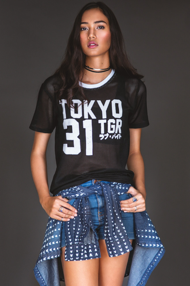 Tokyo mesh tee, SM Youth; choker, sports bra, denim shorts, Forever 21; Mickey Mouse print denim shirt, Marcus