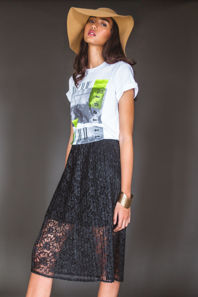 Vintage graphic tee, SM Youth; hat, lace skirt, gold bangle, Forever21