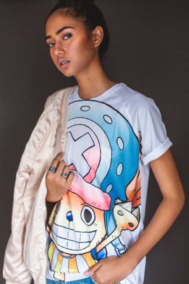 “Tony Tony Chopper” graphic tee, SM Youth; beige jacket, rings, Forever21