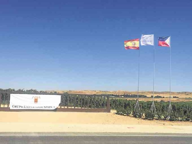 The Philippine flag stands at the gate of the Fundador vineyard, now owned by Grupo Emperador, in Toledo, Spain