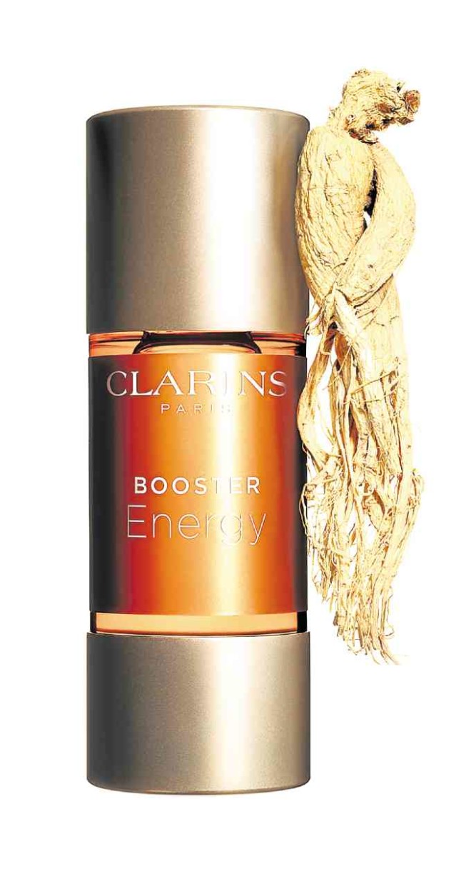 Clarins Booster Energy with ginseng is for skin dulled by “late nights, hectic lifestyle, jet lag, dieting, exhausted parents.”