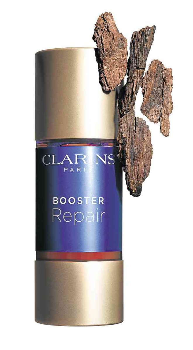 Clarins Booster Repairwith “mimosa tenuiflora” is for skin damaged by “sunburn, extreme climates; hard, salt or chlorinated water; and minor cosmetic treatments.”