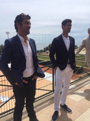 Novak Djokovic before the Monte Carlo tennis court with Lacoste president Thierry Guibert