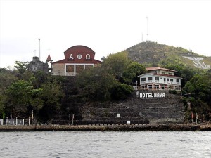 The church and Hotel Maya with Aguila on side of the hill. Photograph by Maida Pineda 