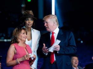 In this image released by the Miss Universe Organization, Co-Owner of the Miss Universe Organization, Donald Trump, talks with Miss Universe Organization President Paula M. Shugart (L) and Runway Coach Lu Sierra on the last day of rehearsal for the Miss USA 2012 Competition, on June 2, 2012 from the Planet Hollywood Resort and Casino Theatre for the Performing Arts in Las Vegas, Nevada. AFP PHOTO / MISS UNIVERSE ORGANIZATION / GREG HARBAUGH
