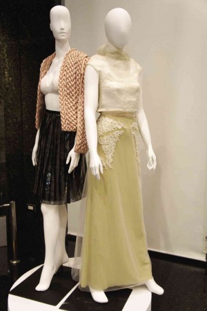 LOOK of Style 2012 winner Roland Alzate’s blush braided jacket and black organza skirt with plastic strips; 2010 winner Pablo Cabahug’s cropped silk cocoon top with embroidery and tulle skirt