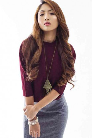 MAROON ¾-sleeve top, gold necklace, gray long dress, Folded & Hung