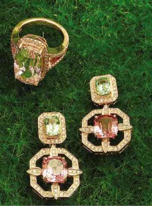 Dee’s classic pink sapphire and chrysoprase earrings and spinel and diamond ring