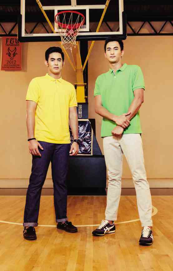 ONRICHARD, yellow collared shirt and regular fit indigo jeans, Giordano; on Russell, apple green collared shirt, chinos, Giordano