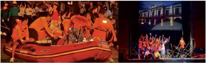 DIRECTED by award-winning stage, film andmusic artist Lutgrado Labad, dramatization reenacts rescue and relief during disaster. Right: Commemorative staging shows Boholano faith amid adversity. PHOTOS BY DEXTER R. MATILLA