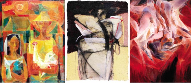 LEFT to right: “Sabel,” by BenCab; “Man, Girl and Cock,” by Vicente Manansala; “Untitled,” by Cesar Legaspi