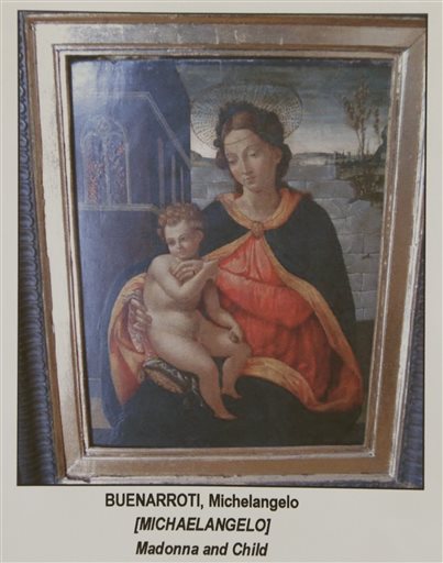 This undated photo released by the Presidential Commission on Good Government shows a painting by Michelangelo Buenarroti titled "Madonna and Child," which is allegedly part of the rare art collections of the late Philippine dictator Ferdinand Marcos. AP 