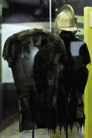 RARUB-A-KULONG (armor) and kulong sa ulo (helmet) of brass and carabao horn used by ancient Maranao warriors