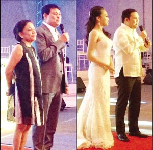 TWOgenerations of Villars: Sen. Cynthia Villar and former Sen. Manny Villar, and Reps. Em andMark Villar. Right: Designer Randy Ortiz, who fashioned a body-hugging embroidered and sleeveless column with heart-shaped neckline for Em, and the couple during the dinner reception they hosted Thursday evening at Fernbrook Garden in Las Piñas. PHOTOS FROM INSTAGRAM