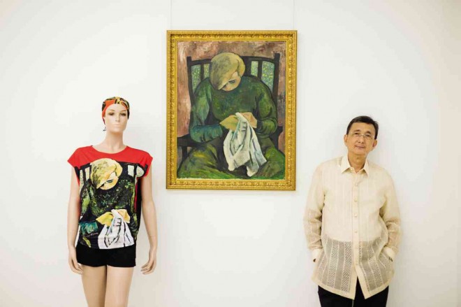 BUSINESSMAN and art collector Eddie Chua poses beside an Aguilar Alcuaz painting, one of hundreds in his collection. The image has been adapted to the fashion top worn by themannequin at left at the CrownPlas Museum which houses the Eddie and Norma Chua Collections.