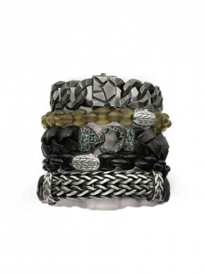 DISTRESSED and oxidized silver bracelets mixed with braided leather and other materials for men