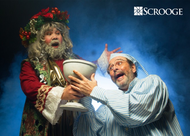 Oliver Usison (Ghost of Christmas Present) and Miguel Faustmann (Ebenezer Scrooge). CONTRIBUTED PHOTO/Repertory Philippines
