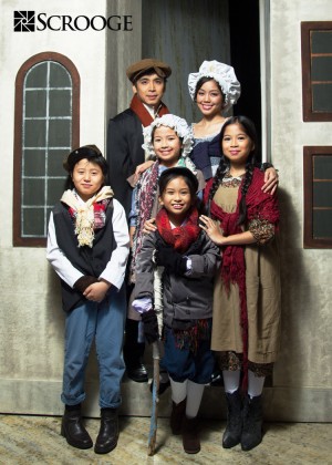 Chino Veguillas (Bob Cratchit), Justine Peña (Ethel Cratchit), Daniel Drilon (Peter), Andee Achacoso (Martha), Soliel Luna are the younger cast members of “Scrooge the Musical”. CONTRIBUTED PHOTO/Repertory Philippines