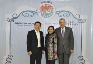 JOHNLU G. Koa, French Baker Founder and CEO; Aileen C. Clemente, Rajah Travel Corporation chair and president; Juan Torres, Etihad Airways general manager for the Philippines