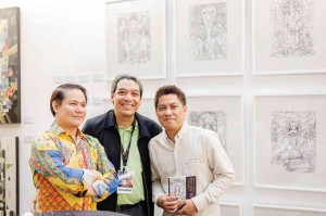 AUTHOR Ralph Semino Galan, The Artery Manila and ManilArt Foundation’s Delan Robillos, artist Wilfredo Offemaria Jr.