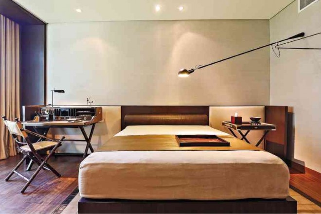 THE BOY’S bedroom highlights leather and Italian lamps.