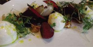 Goat cheese with beet roots and potato pancake