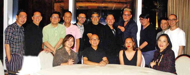 SOME of the participating designers of Face-Off 2014 meet at Solaire. They are, seated, Cesar Gaupo andMaureen Disini; standing, from left, Joey Samson, Mike dela Rosa, Auggie Cordero, EfrenOcampo, Eric de los Santos, Rhett Eala, Jerome Salaya Ang, Rajo Laurel, Pablo Cabahug, James Reyes, Ivarluski Aseron, with INQUIRER Lifestyle editor Thelma S. San Juan (seated, far left) and Solaire PR director Joy Wassmer. ARNOLD ALMACEN