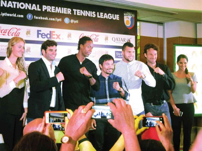 MANNY Pacquiao makes an appearance at the welcome dinner for IPTL athletes, among them, from left, Mladenovic, Jaziri, Gael Monfils, Jo-Wilfried Tsonga, Moya andMirza