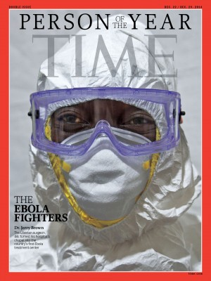 This image provided by Time Magazine, Wednesday, Dec. 10, 2014, announces the Ebola fighters as its Person of The Year for 2014. The title, according to the magazine, goes to an individual or group who has had the biggest impact on the news over the course of the previous year. The issue carries five covers, and here, shows Dr. Jerry Brown, the Liberian surgeon who turned his hospital's chapel into the country's first Ebola treatment center. (AP Photo/Time Magazine)