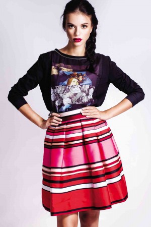 GRAPHIC top, Bench; multicolored skirt, Alberta Ferretti