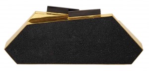 THE “Matt,” an art deco inspired hexagon-shaped clutch made of black shagreen rawhide and framed in brass, has charming black carabao horn clasps.