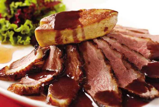 DUO of Duck—duck breast and foie gras with truffle-flavoured red wine sauce