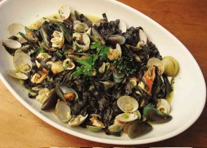 ABUNDANCE of mussels complements the pasta.