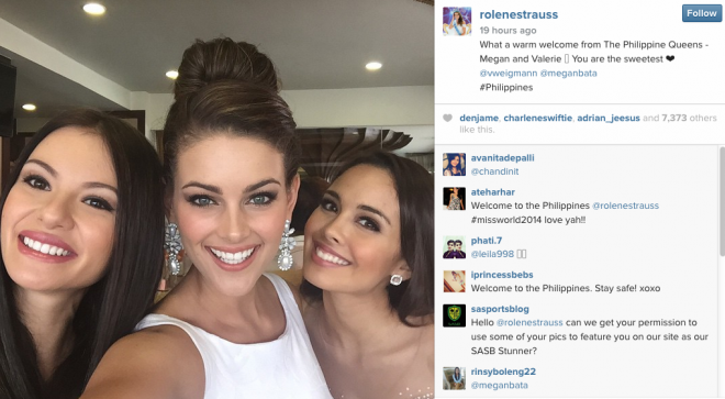 Miss World 2014 Rolene Strauss  (center) is welcomed by Filipina beauty queens Miss World 2013 Megan Young (right) and 2014 Miss World Philippines Valerie Weigmann. Screengrab from Strauss's Instagram account. 