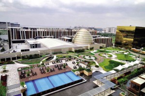 THEMANICURED grounds of City of DreamsManila. The egg-like structure is called the Fortune Egg, which houses the club lounges Pangaea and Chaos.