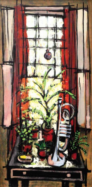 “GREEN Window with a Trumpet,” oil on wood, 1953