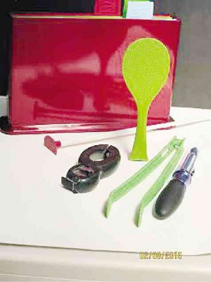 SET of multicolor cutting boards, mayo jar sweeper, standing rice scoop, multiopener, kitchen tongs and dual peeler