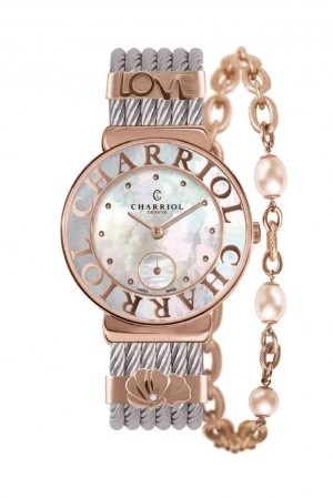 CHARRIOL St.-Tropez Style rose-gold watch with mother-of-pearl dial, Starlet chain, and Name It Love andOcean Echoes clips